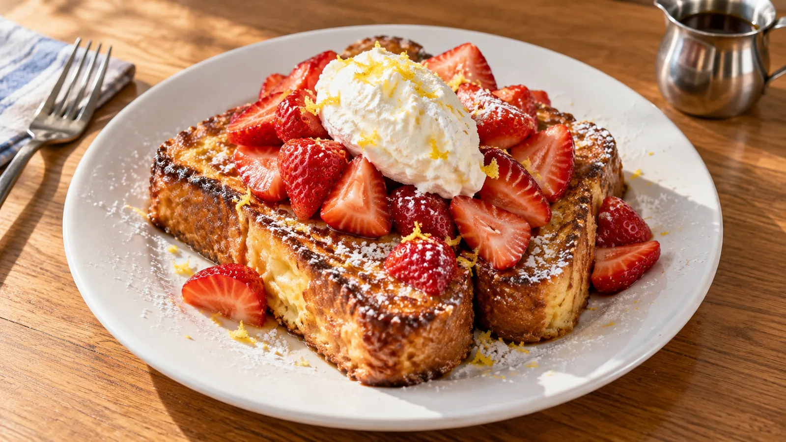 Thick-cut French toast dusted with powdered sugar, topped with fresh strawberries, mascarpone and lemon zest