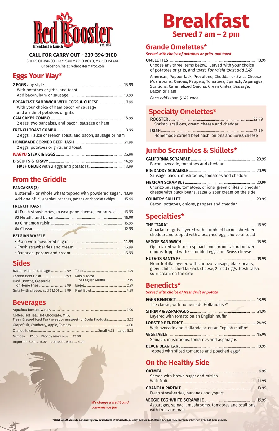 The printed Red Rooster Marco breakfast menu — eggs, griddle, omelettes, scrambles, benedicts and sides. Every dish and price on it is also listed as text further up this page.
